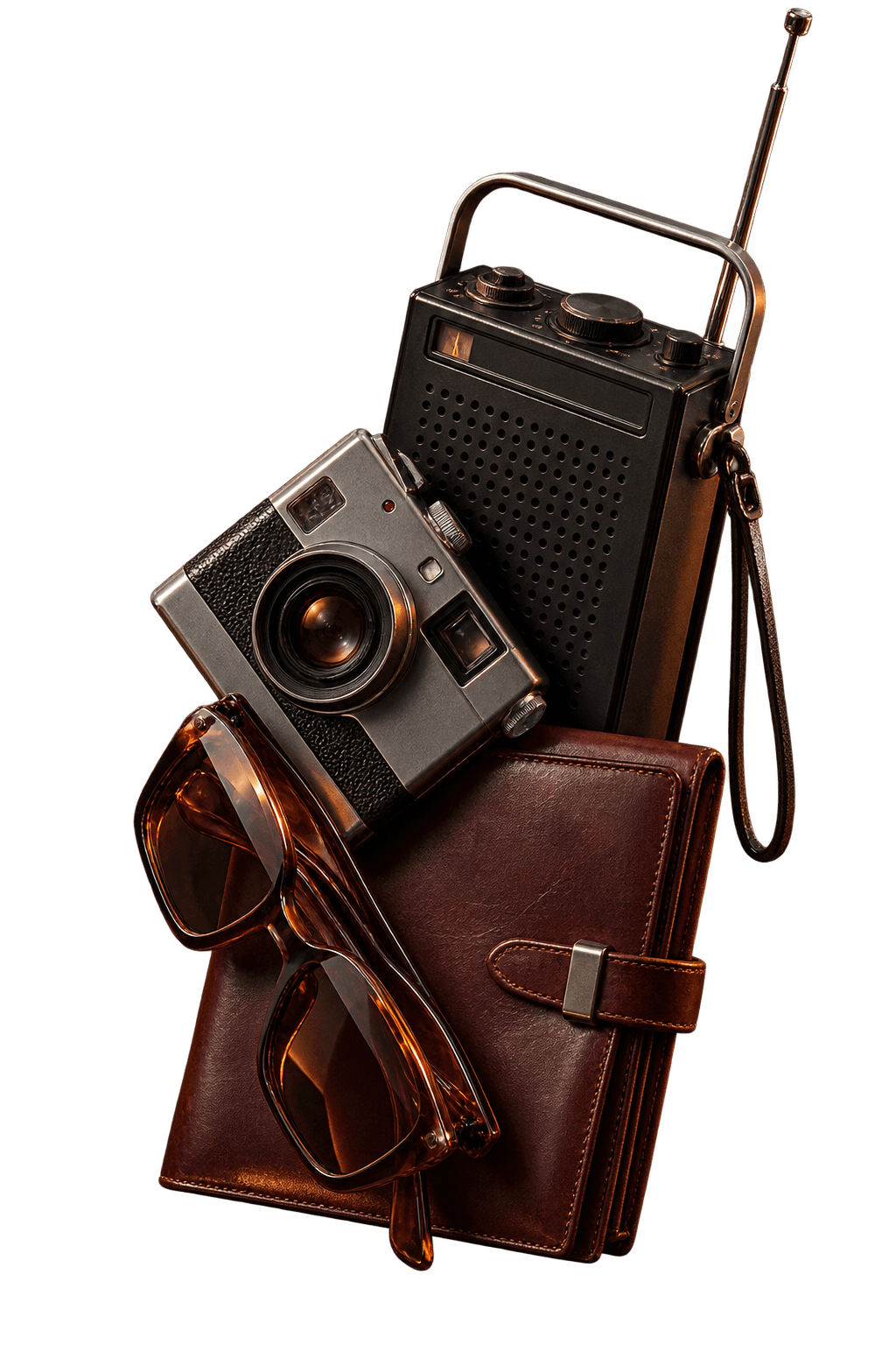 Vintage radio, camera, amber glasses and oxblood folio